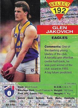 1994 Select AFL #192 Glen Jakovich Back